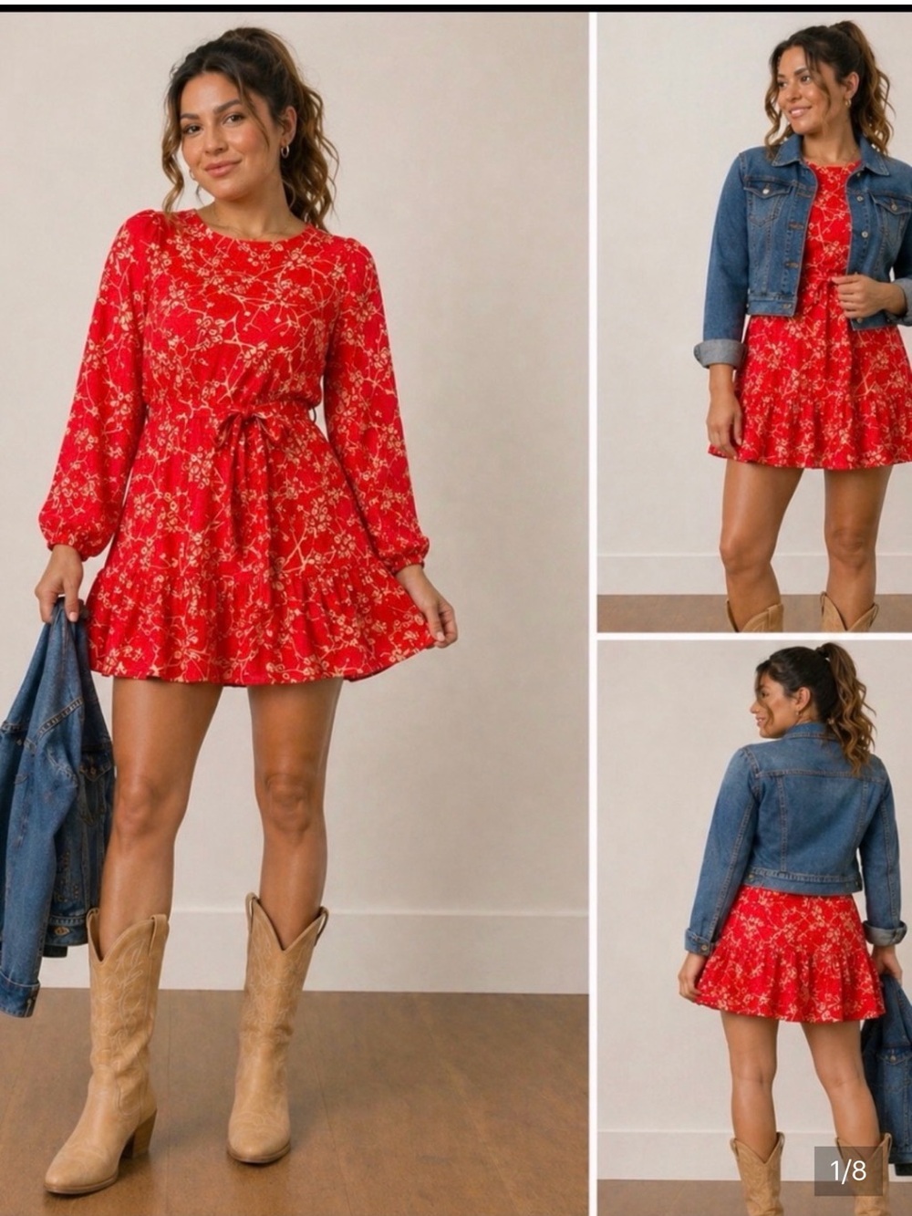 Flying Tomato Red Floral Long-Sleeve Tie-Waist Dress